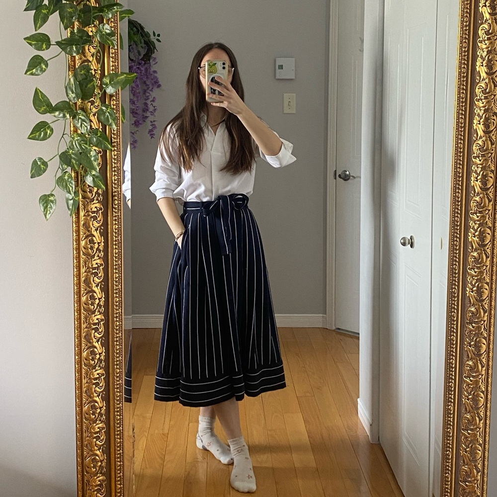 Banana Republic Navy & White Strip Midi Skirt